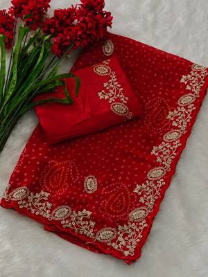 Soft georgette bandhni print saree with sober pitha work embroidery red saree with blouse piece 2