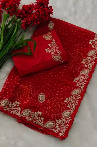 Soft georgette bandhni print saree with sober pitha work embroidery red saree with blouse piece