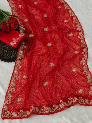 Soft georgette bandhni print saree with sober pitha work embroidery red saree with blouse piece 3