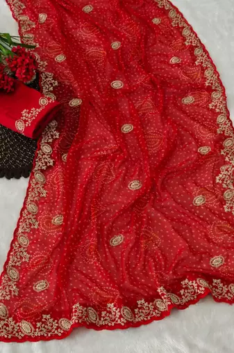 Soft georgette bandhni print saree with sober pitha work embroidery red saree with blouse piece