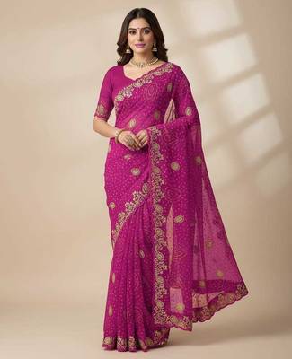 Soft georgette bandhni print saree with sober pitha work embroidery pink  saree with blouse piece 1