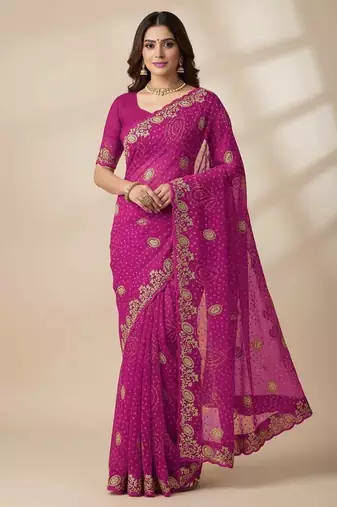 Soft georgette bandhni print saree with sober pitha work embroidery pink  saree with blouse piece
