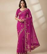 Soft georgette bandhni print saree with sober pitha work embroidery pink  saree with blouse piece