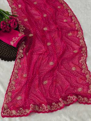 Soft georgette bandhni print saree with sober pitha work embroidery pink  saree with blouse piece 2