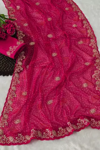 Soft georgette bandhni print saree with sober pitha work embroidery pink  saree with blouse piece
