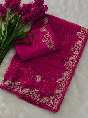 Soft georgette bandhni print saree with sober pitha work embroidery pink  saree with blouse piece 3