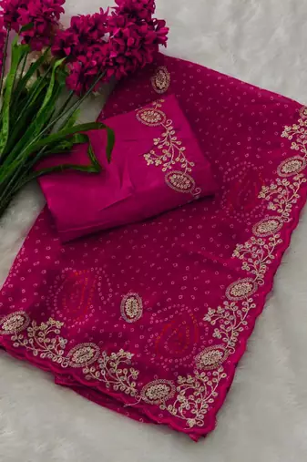 Soft georgette bandhni print saree with sober pitha work embroidery pink  saree with blouse piece