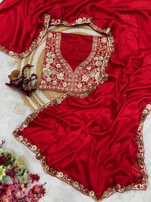 Red color soft rangoli silk beautiful sequence embroidery work lace border saree with blouse piece 1