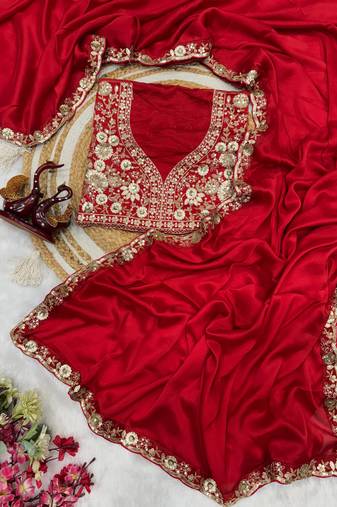 Red color soft rangoli silk beautiful sequence embroidery work lace border saree with blouse piece