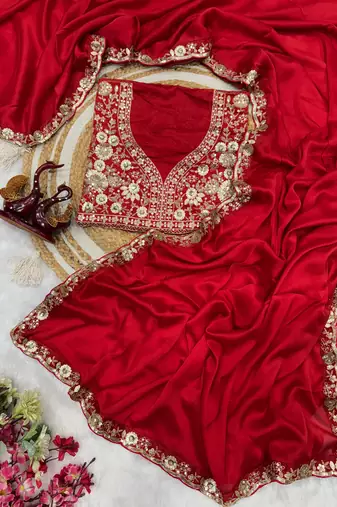 Red color soft rangoli silk beautiful sequence embroidery work lace border saree with blouse piece