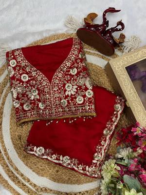 Red color soft rangoli silk beautiful sequence embroidery work lace border saree with blouse piece 2