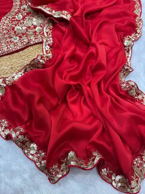 Red color soft rangoli silk beautiful sequence embroidery work lace border saree with blouse piece 3