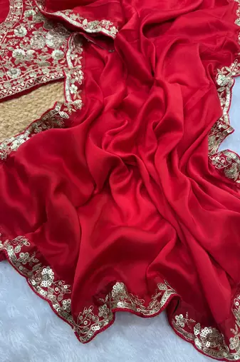Red color soft rangoli silk beautiful sequence embroidery work lace border saree with blouse piece