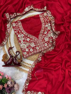 Red color soft rangoli silk beautiful sequence embroidery work lace border saree with blouse piece 4