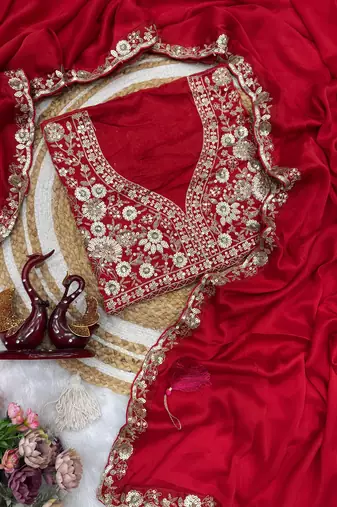 Red color soft rangoli silk beautiful sequence embroidery work lace border saree with blouse piece