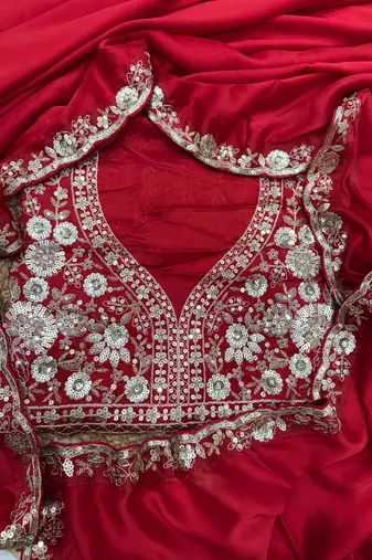 Red color soft rangoli silk beautiful sequence embroidery work lace border saree with blouse piece