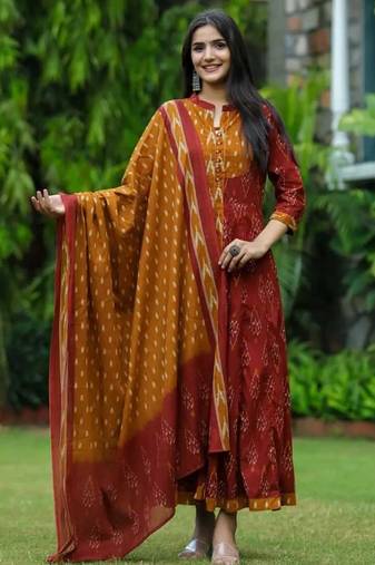 Floral embroidered multicolor round neck pure cotton kurta set with trouser & dupatta