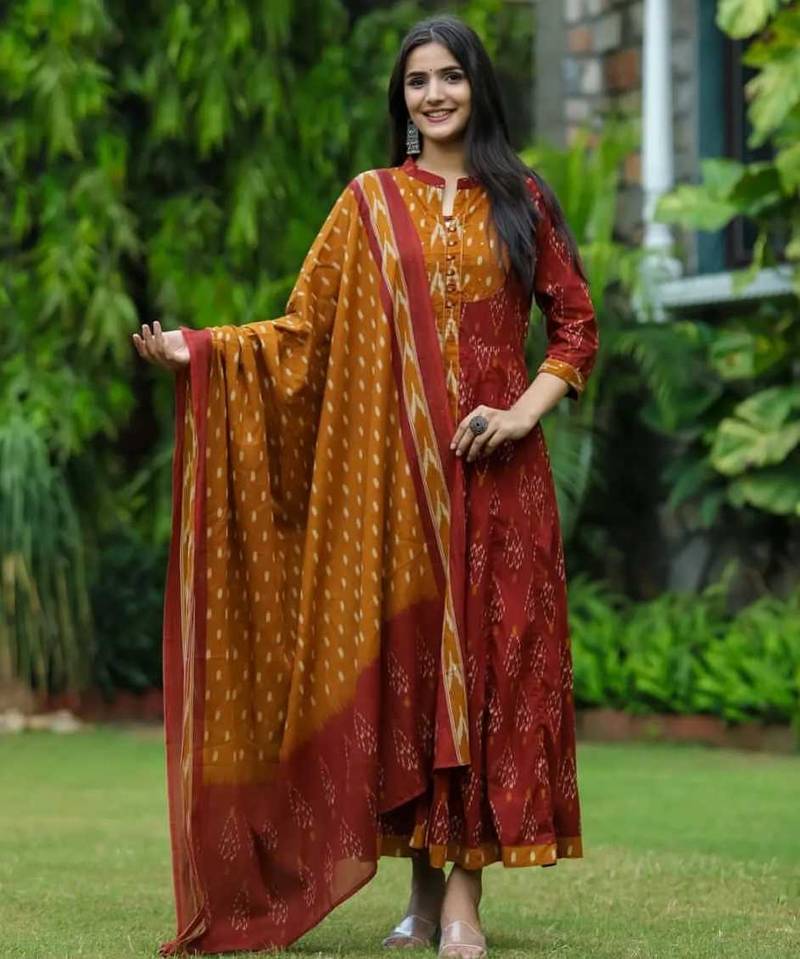 Floral embroidered multicolor round neck pure cotton kurta set with trouser & dupatta