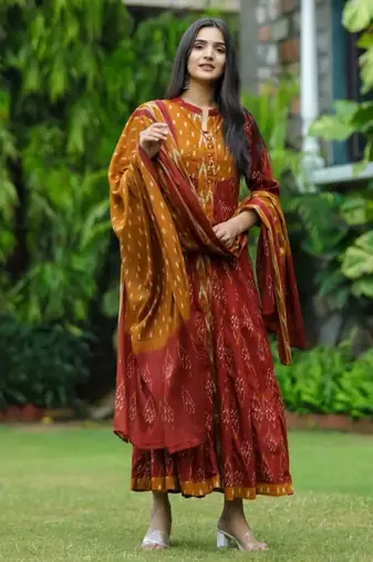 Floral embroidered multicolor round neck  cotton kurta set with trouser & dupatta
