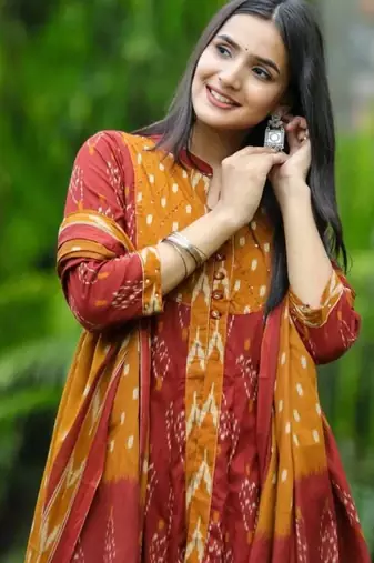 Floral embroidered multicolor round neck  cotton kurta set with trouser & dupatta