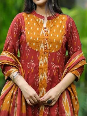Floral embroidered multicolor round neck  cotton kurta set with trouser & dupatta 4