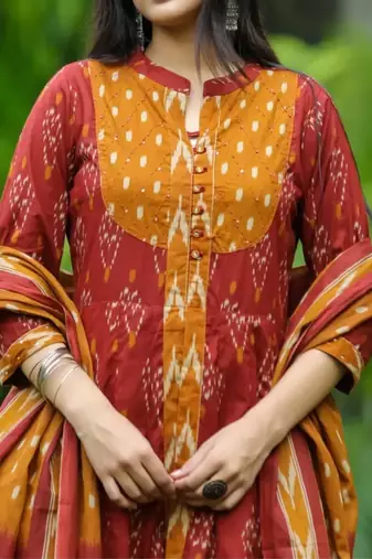 Floral embroidered multicolor round neck  cotton kurta set with trouser & dupatta
