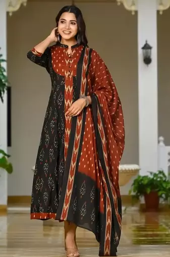 Floral embroidered multicolor round neck pure cotton kurta set with trouser & dupatta