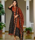 Floral embroidered multicolor round neck pure cotton kurta set with trouser & dupatta