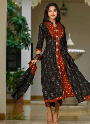Floral embroidered multicolor round neck  cotton kurta set with trouser & dupatta 2