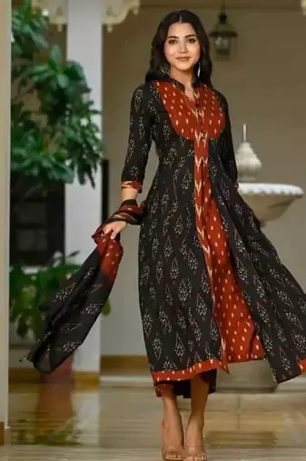 Floral embroidered multicolor round neck  cotton kurta set with trouser & dupatta