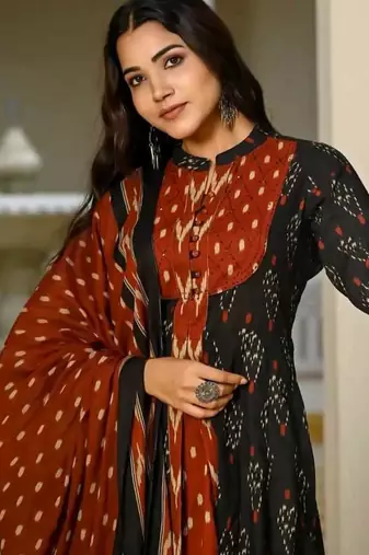 Floral embroidered multicolor round neck  cotton kurta set with trouser & dupatta