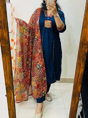 Floral embroidered blue v neck  cotton kurta set with trouser & dupatta 1