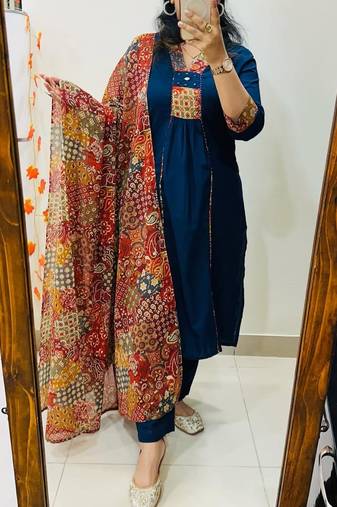 Floral embroidered blue v neck pure cotton kurta set with trouser & dupatta