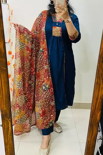 Floral embroidered blue v neck pure cotton kurta set with trouser & dupatta