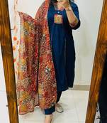 Floral embroidered blue v neck pure cotton kurta set with trouser & dupatta