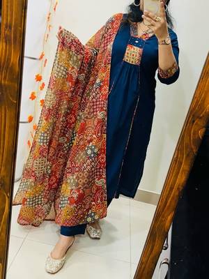 Floral embroidered blue v neck  cotton kurta set with trouser & dupatta 2