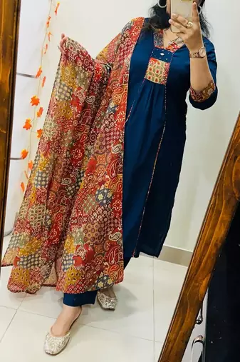 Floral embroidered blue v neck  cotton kurta set with trouser & dupatta