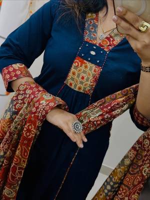 Floral embroidered blue v neck  cotton kurta set with trouser & dupatta 3