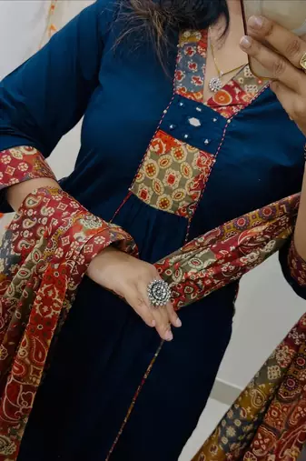 Floral embroidered blue v neck  cotton kurta set with trouser & dupatta