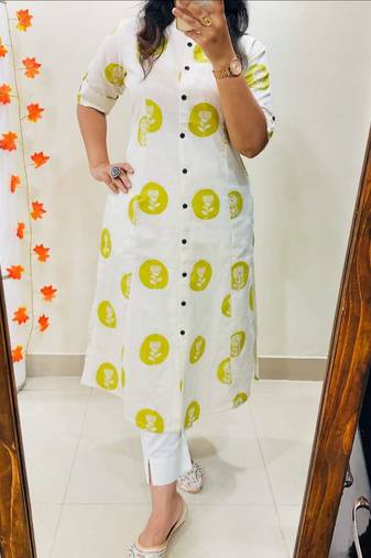 Floral printed white round neck pure cotton kurta set with trouser