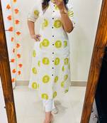 Floral printed white round neck pure cotton kurta set with trouser