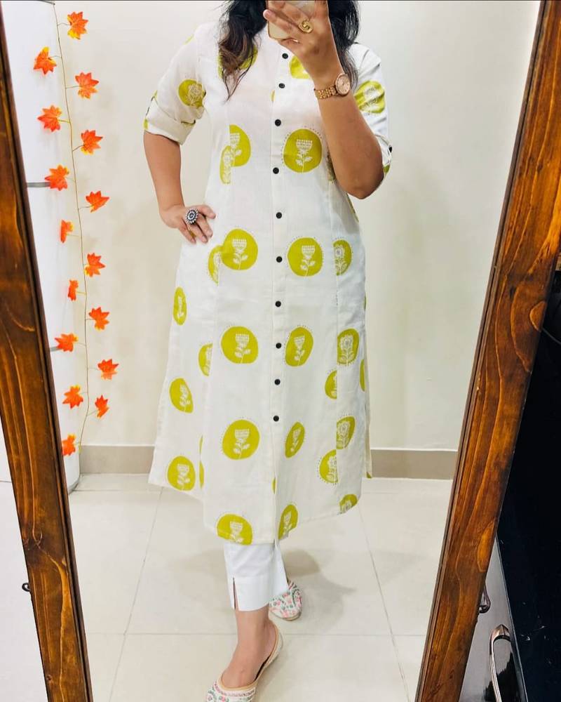Floral printed white round neck pure cotton kurta set with trouser