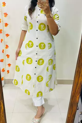 Floral printed white round neck  cotton kurta set with trouser