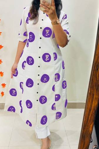 Floral printed white round neck pure cotton kurta set with trouser