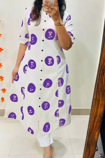 Floral printed white round neck pure cotton kurta set with trouser