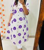 Floral printed white round neck pure cotton kurta set with trouser