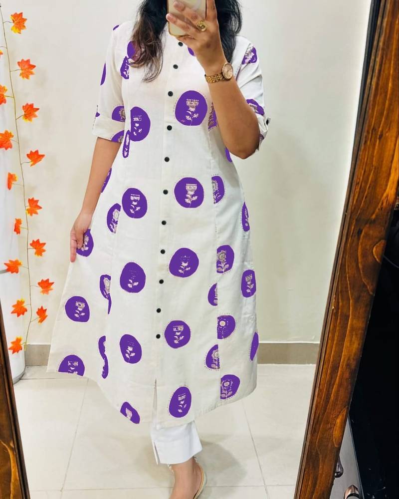 Floral printed white round neck pure cotton kurta set with trouser