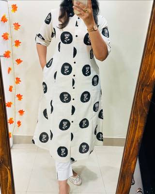 Floral printed white round neck pure cotton kurta set with trouser 1