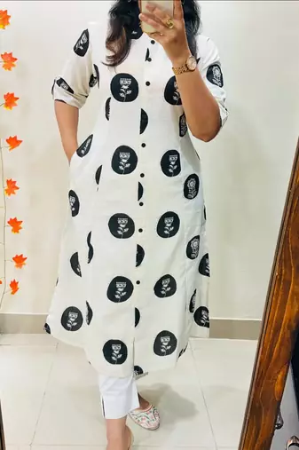 Floral printed white round neck pure cotton kurta set with trouser