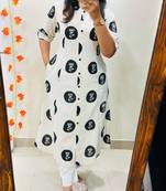 Floral printed white round neck pure cotton kurta set with trouser